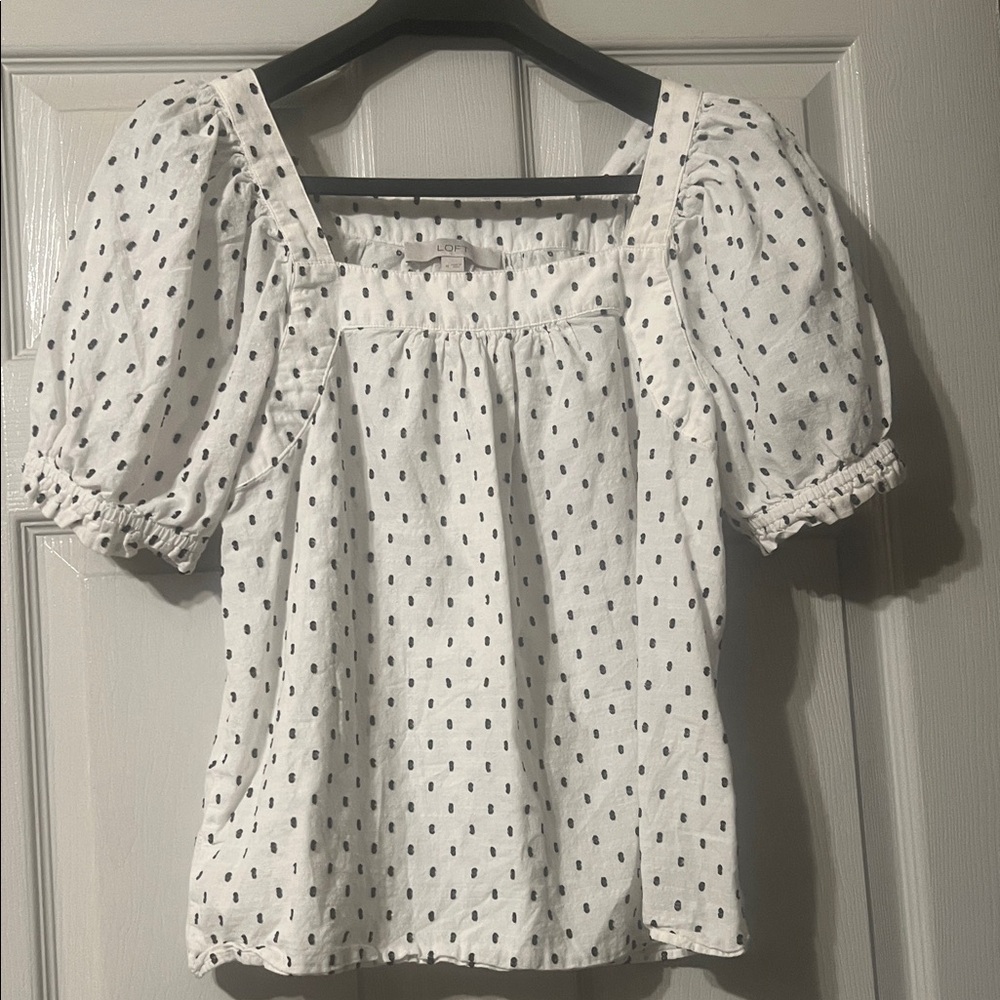 Square Neck Puff Sleeve White Top with Black Dot Print